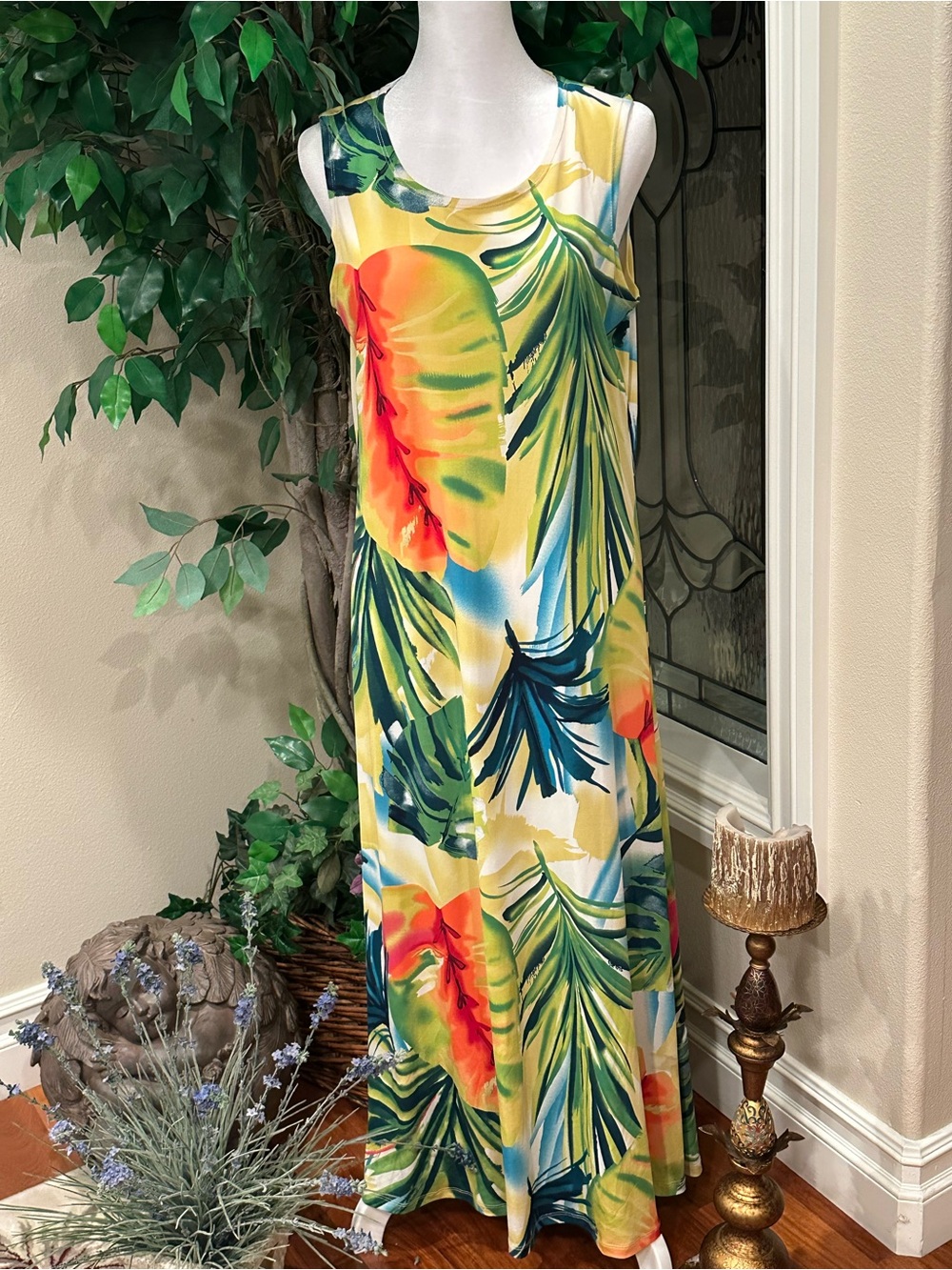 Attitudes by Renee Como Jersey Tropical Palm Leaf Maxi Dress Petite Medium MP